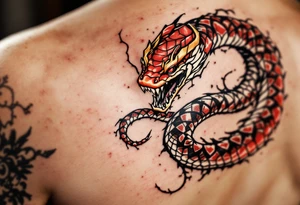 A scarlet red cobra, poised to strike, with golden hood markings and obsidian eyes. tattoo idea
