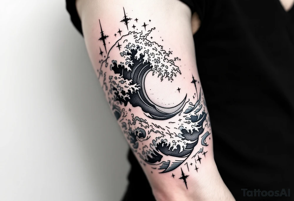 Fine line powerful ocean half sleeve with some shading tattoo idea Fine line powerful ocean half sleeve with some shading tattoo idea