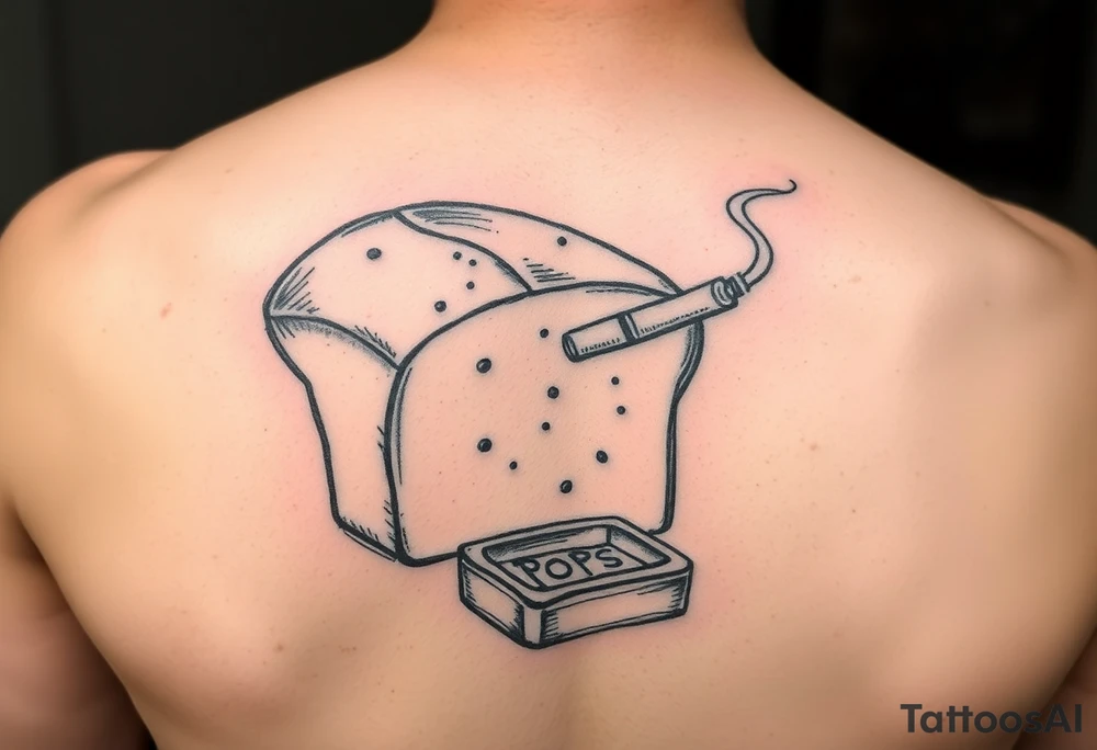 A loaf of bread smoking a cigarette with a ashtray  and pops written tattoo idea