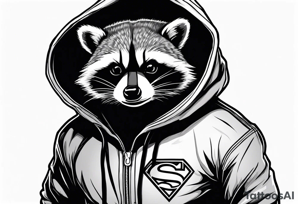 raccoon wearing a Superman hoodie with classic Superman logo tattoo idea