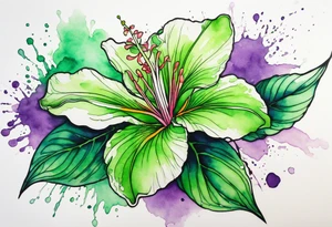 An outline of an only green rio dipladenia flower and a green and purple watercolor splash in the background tattoo idea