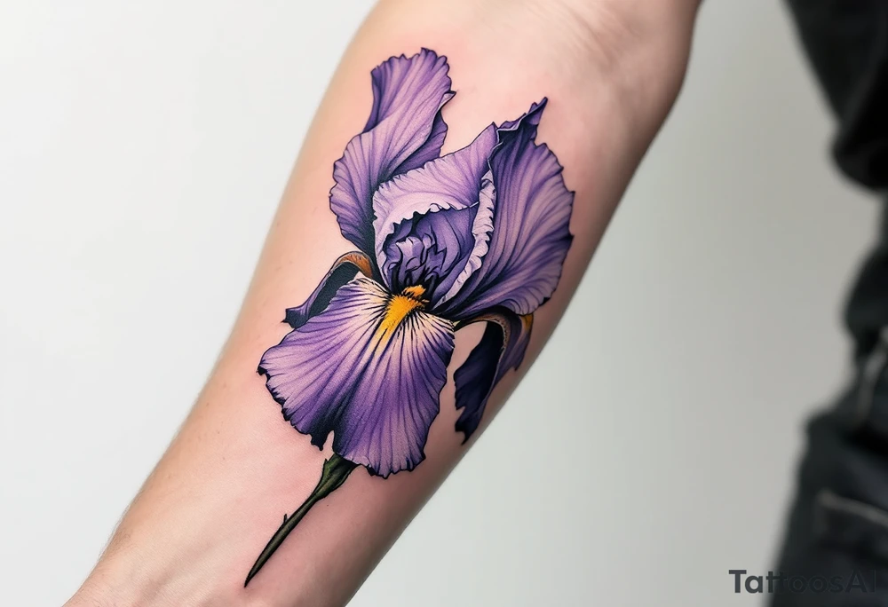 big purple flower with the name “IRIS” written in the stem of the flower in cursive on the outside of the forearm tattoo idea