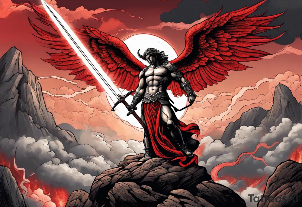 Michael the Archangel standing over satan with sword.  Clouds and lightning in background.  Red lava below satan under a rock tattoo idea