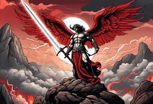 Michael the Archangel standing over satan with sword.  Clouds and lightning in background.  Red lava below satan under a rock tattoo idea