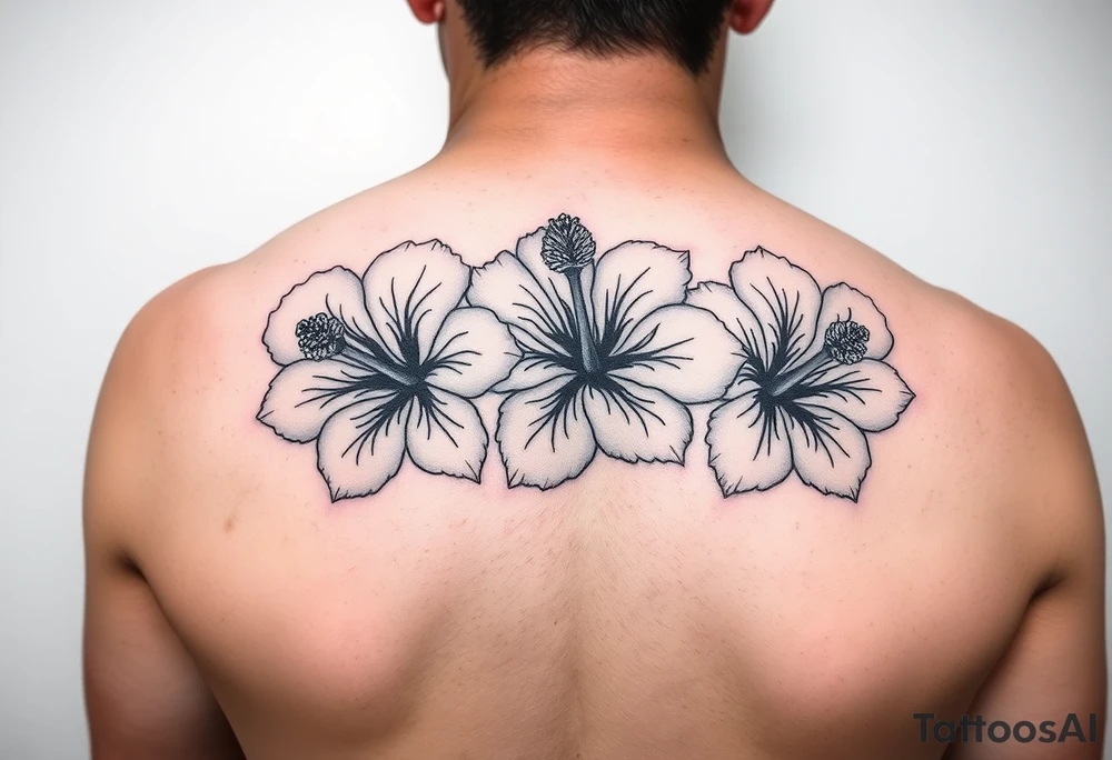 Three hibiscus flowers botanical big tattoo. FINE LINE tattoo idea