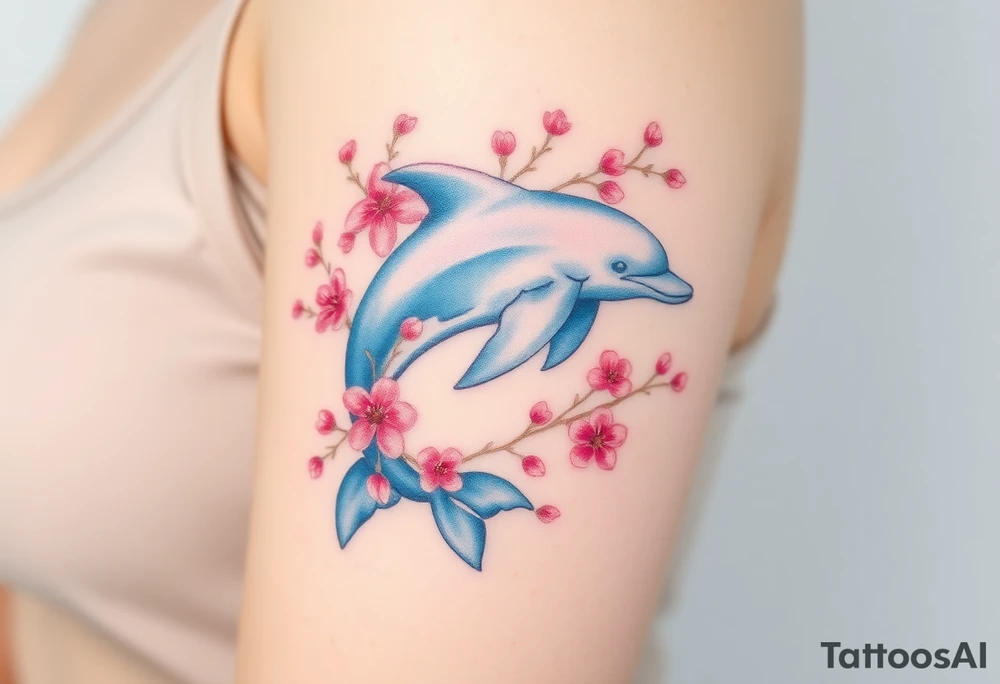 A dolphin intertwined with delicate cherry blossom branches, combining ocean and floral elements tattoo idea