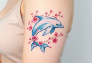 A dolphin intertwined with delicate cherry blossom branches, combining ocean and floral elements tattoo idea