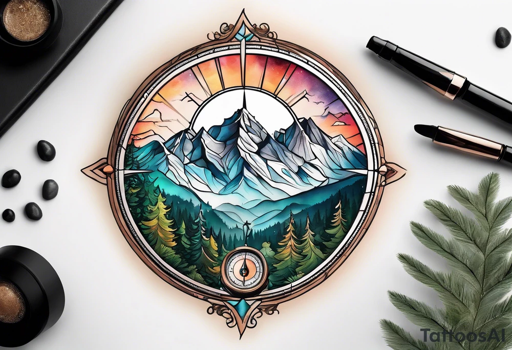 Feminine adventure, mountain scape, compass, cover-up tattoo idea