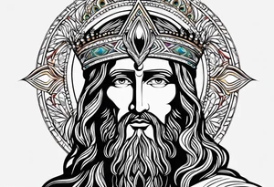 flat stern byzantine Christ with all-demanding eyes with a halo made of peacock feathers tattoo idea