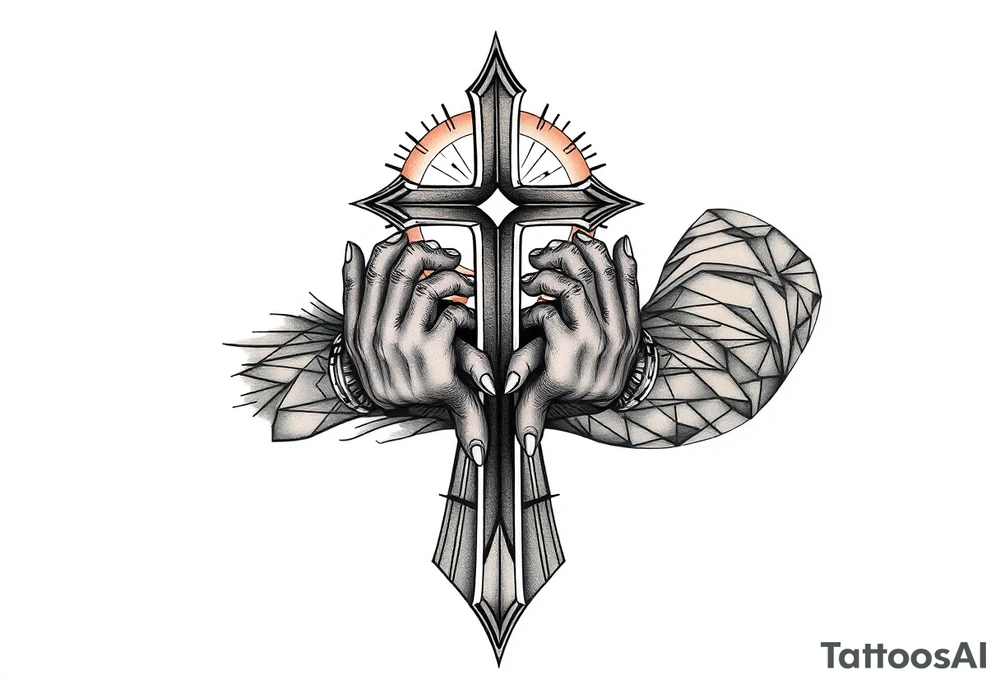 cast all your anxiety on him because he cares for you" with a cross and hands tattoo idea