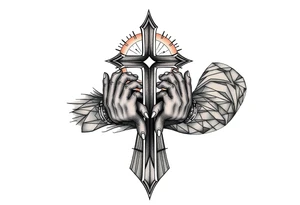 cast all your anxiety on him because he cares for you" with a cross and hands tattoo idea