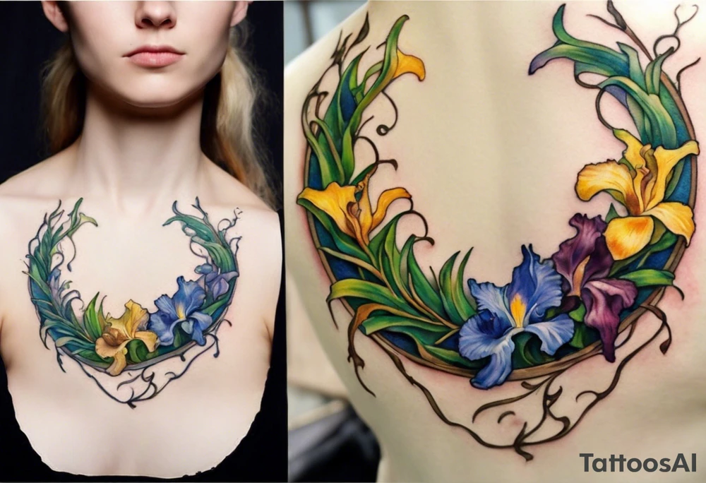 Create a small colorful Vincent van Gogh Irises tattoo in the form of a crescent, with vines gracefully intertwining at a central point in the middle of the wreath. The intended placement is on the upper chest. The overall design should be small in size while maintaining a delicate and artistic aesthetic. Pay attention to the graceful flow of the vines and the placement of the irises to achieve a refined and elegant look. tattoo idea