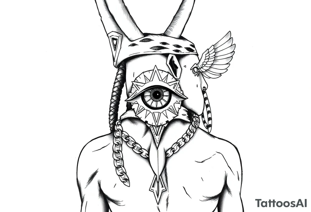 "Anubis as a 1990s L.A. gangster: gold chains, Crip bandana. His staff is a satellite antenna. Floating Eye of Horus is a blockchain audit log.  

Style: Hyper-detailed blackwork. Thigh/calf placement." tattoo idea