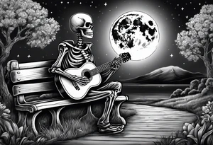 peaceful skeleton sitting on a park bench playing acoustic guitar on a cloudy night with a large full moon tattoo idea