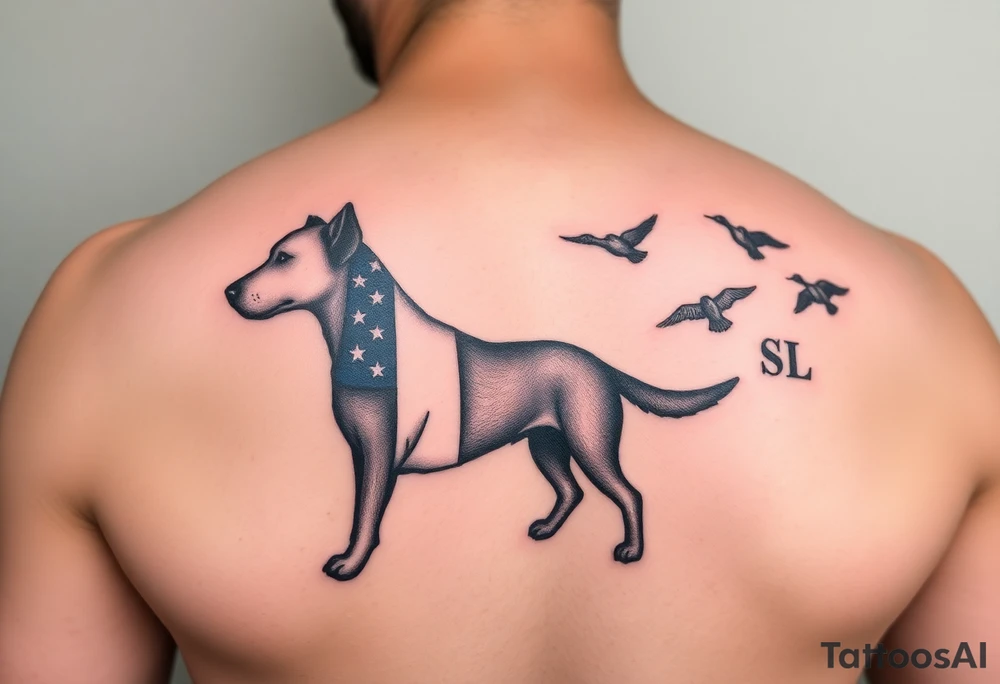 Hunting tattoo featuring an upland dog silhouette, Italian and American flag, SSL initials, with some ducks in sky tattoo idea