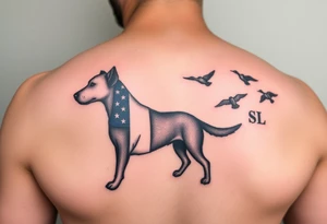 Hunting tattoo featuring an upland dog silhouette, Italian and American flag, SSL initials, with some ducks in sky tattoo idea