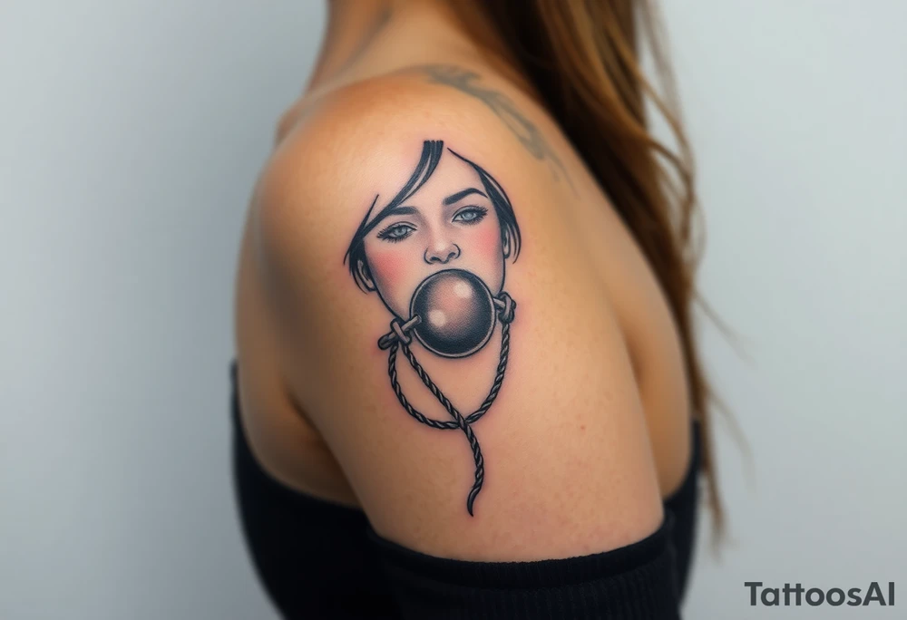 A tattoo depicting a woman bound and gagged with a ball gag in her mouth tattoo idea