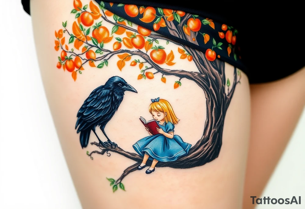 A Raven standing on the branch of an orange tree. A blond little girl wearing a blue dress sitting under the tree while reading a book. The raven is watching her. tattoo idea