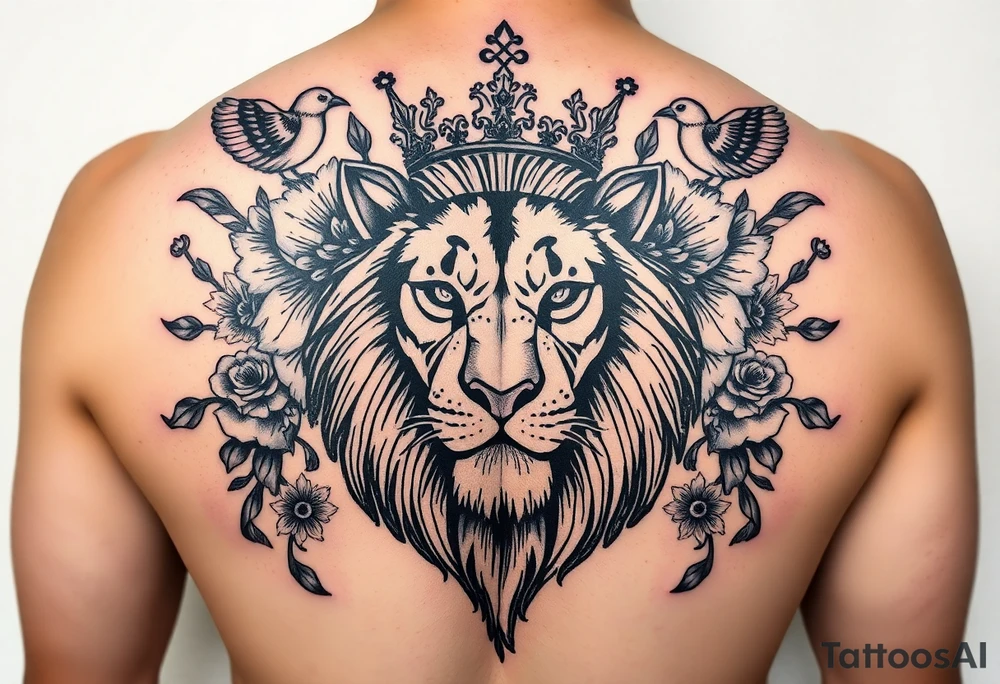 powerful majestic lion with a crown, surrounded by floral ornaments and birds tattoo idea