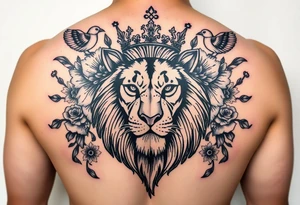 powerful majestic lion with a crown, surrounded by floral ornaments and birds tattoo idea