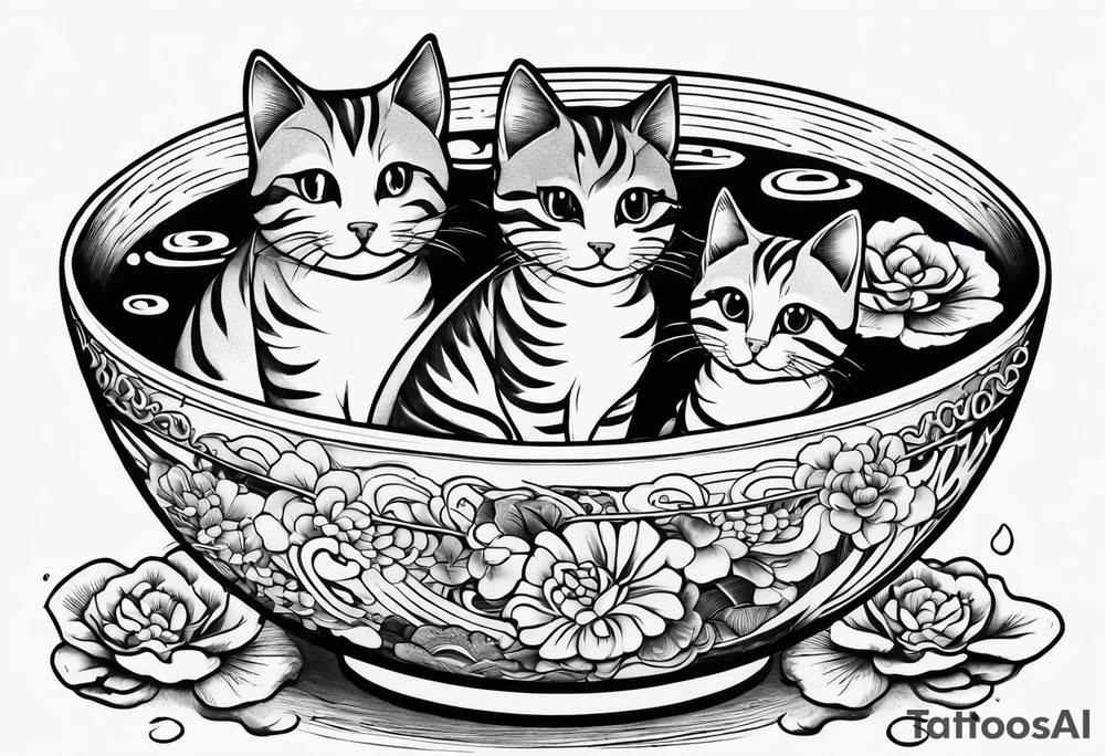 Two tabby cats sitting in a ramen noodle bowl tattoo idea