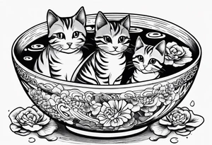 Two tabby cats sitting in a ramen noodle bowl tattoo idea