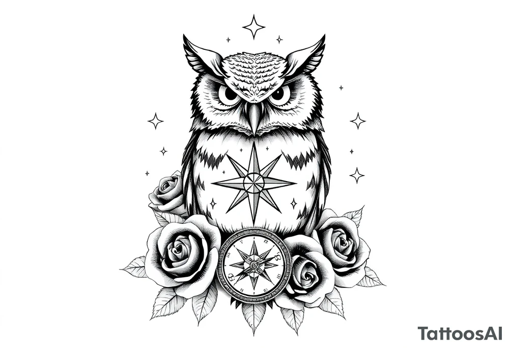 an owl,compass,roses,stars. tattoo idea