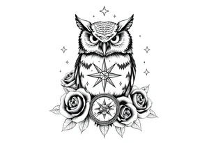 an owl,compass,roses,stars. tattoo idea