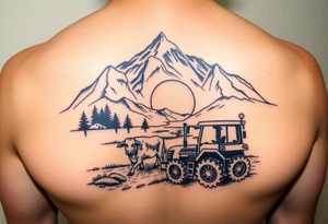 mountian, river, vantage tractor, cow, sunset tattoo idea