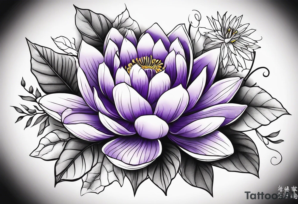 bouquet of violet, water lily, and holly tattoo idea