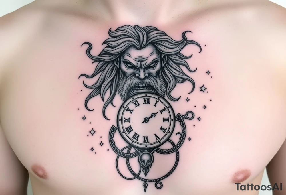 2. Cronos / Saturno – El Devorador del Tiempo
Un anciano con barba flotante y mirada vacía, devorando un reloj de arena.

Las arenas del tiempo se dispersan por el pecho como si fueran estrellas o sangre.

Puede incluir símbolos zodiacales antiguos alrededor o cadenas rotas. tattoo idea