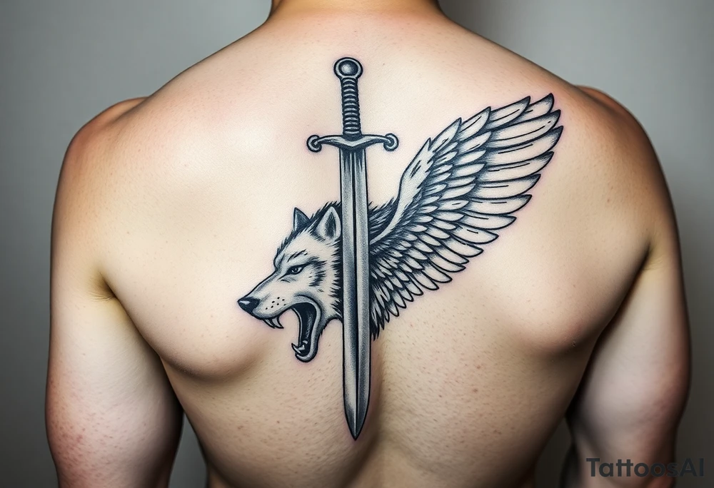 You'll ask me 10 questions mixing personality, character, life experience and intimacy. Then you'll synthesize all this and generate Polynesian tattoos on both arms. You'll also generate a sword with lots of relief and detail, with the blade surrounded by a parchment written in fine italic lettering “Sword of Damocles”. Next, you'll need to generate a wolf that will be on the left side of my back, its head biting my shoulder. On my chest, I'd like two angel wings with lots of finesse, relief and detail. All tattoos will be personalized according to the answers to the questions above. tattoo idea