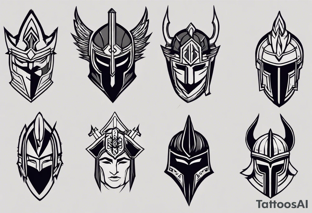 Design a tattoo featuring a sharp, angular warrior’s helmet with a bold, pointed crest and two narrow, triangular eye slits. A prominent scar runs diagonally through the right eye slit, starting above the slit, cutting through its middle, and continuing below the lower edge. The scar should have slightly jagged edges with natural tapering at both ends, resembling a healed wound on metallic armor. The helmet should include symmetrical engravings and subtle scratches, giving it a battle-worn appearance. Use clean, sharp lines with minimal shading, ensuring the design focuses entirely on the helmet and scar as a standalone tattoo, without any background or skin visualization. tattoo idea