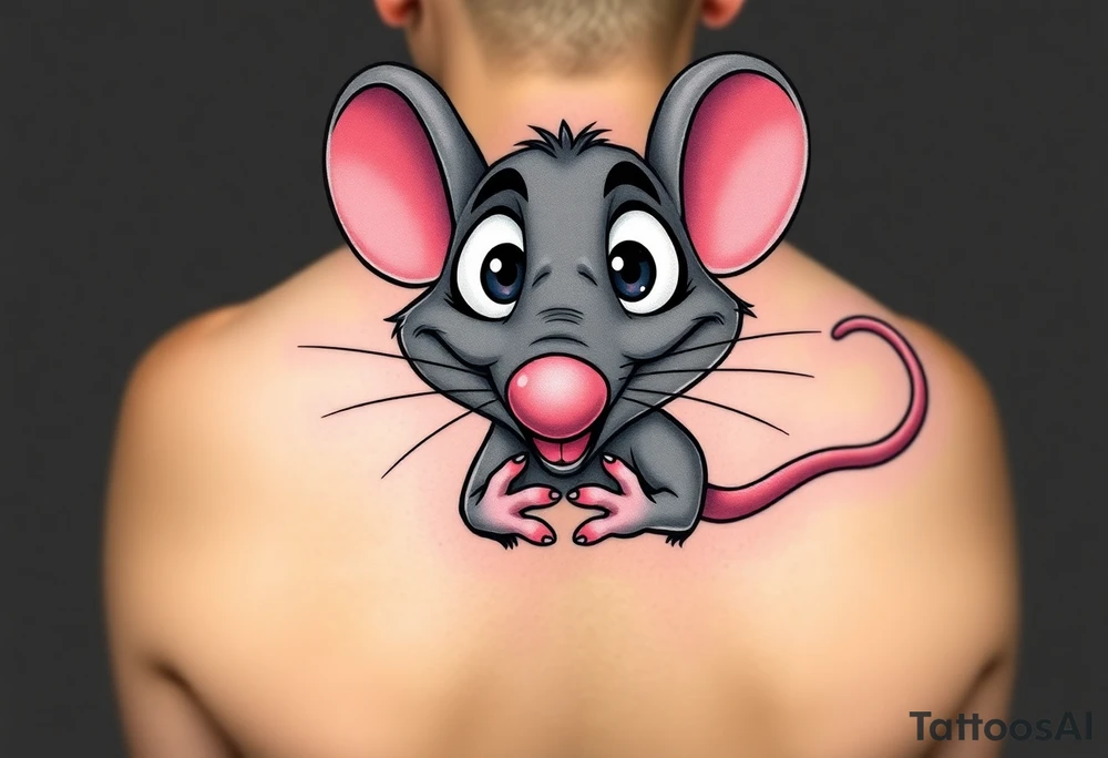 The image shows a cartoon rat with a long pointed nose, huge bulging eyes, and a cheeky, mischievous smile. The rat is grey with big pink ears and a thin pink tail visible on the right. Its little hands are held up close to its chest in a playful, sneaky pose. The expression makes the rat look funny, surprised, and a bit sly at the same time.

I want all his body..bigger nose, eyes poped out from the head tattoo idea