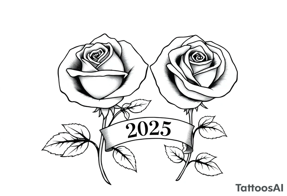 two beautiful large rose buds, one larger than the other, with many leaves next to the rose buds, with one sitting slightly higher than the other, side-by-side.  Include a banner connecting the two roses with the year 2025 on it.   Use dark outlines with little shading. No stems tattoo idea