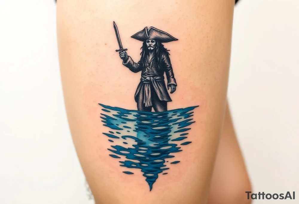 Jack Sparrow’s ghostly reflection in the ocean, done in eerie blue tones, symbolizing his dance with death and destiny tattoo idea