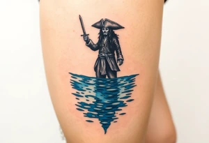 Jack Sparrow’s ghostly reflection in the ocean, done in eerie blue tones, symbolizing his dance with death and destiny tattoo idea