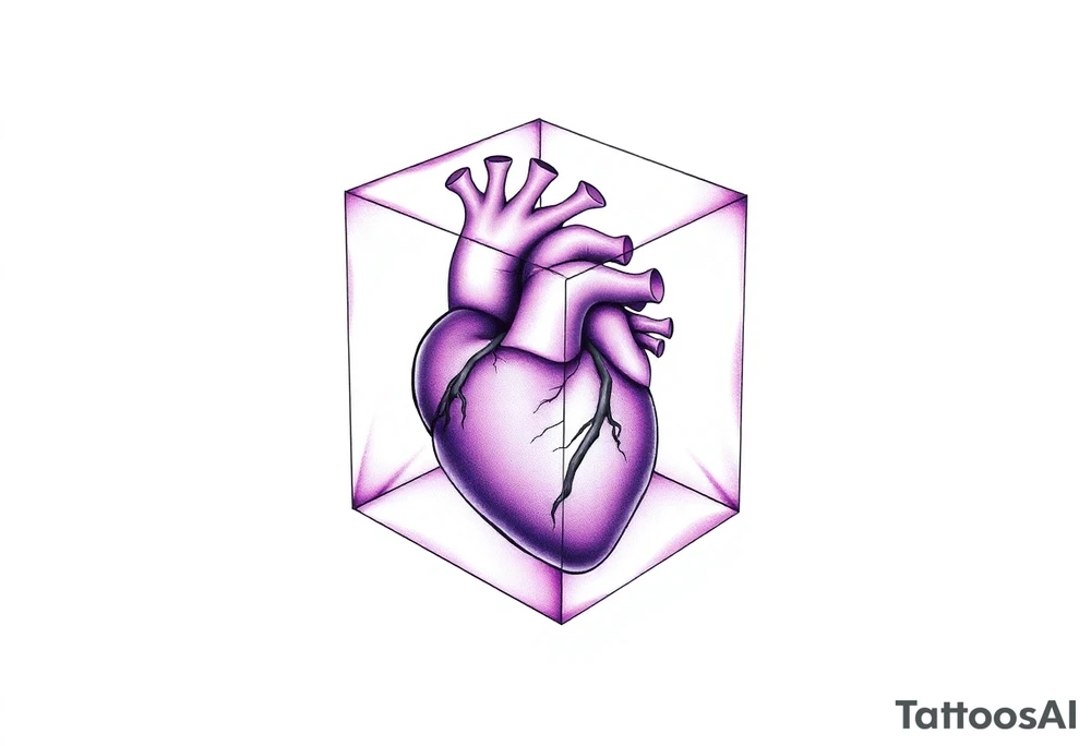 A translucent purple cube with an anatomical heart inside tattoo idea