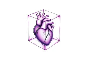 A translucent purple cube with an anatomical heart inside tattoo idea