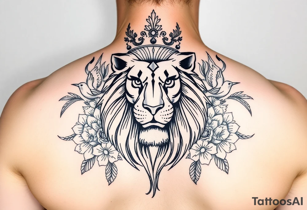 powerful majestic lion with a crown, surrounded by floral ornaments and birds tattoo idea