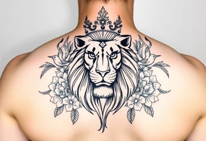 powerful majestic lion with a crown, surrounded by floral ornaments and birds tattoo idea