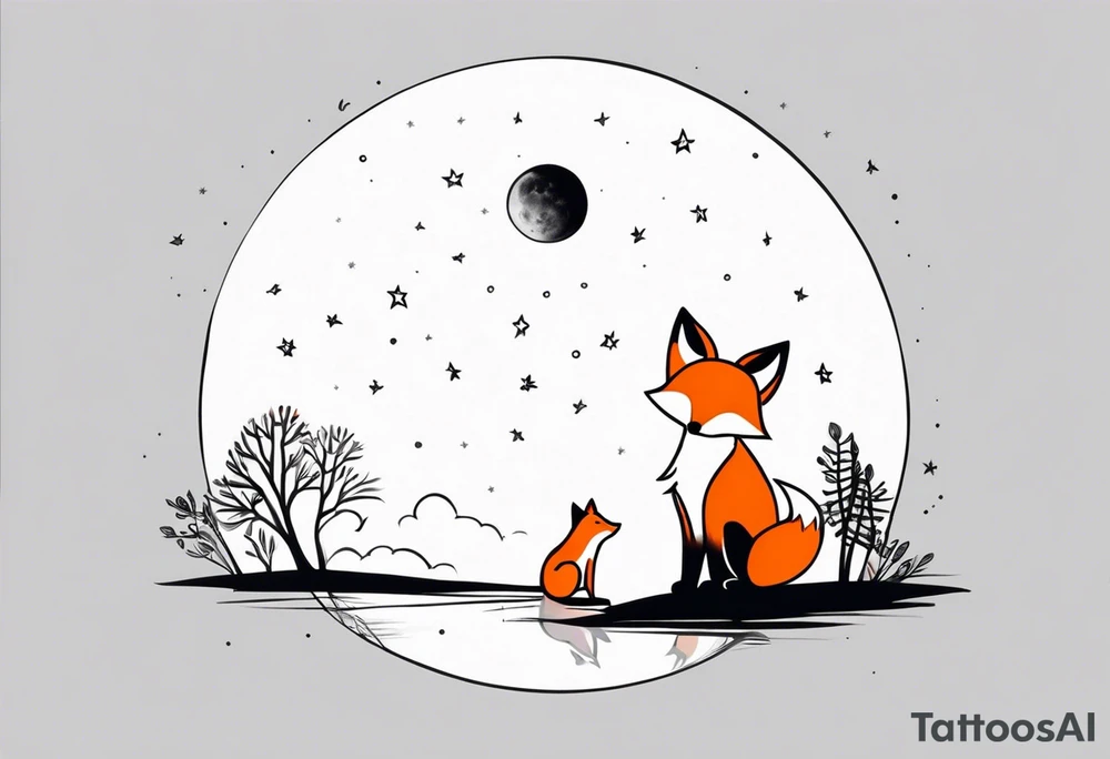 A little girl and a fox looking at the moon, we see them from behind tattoo idea