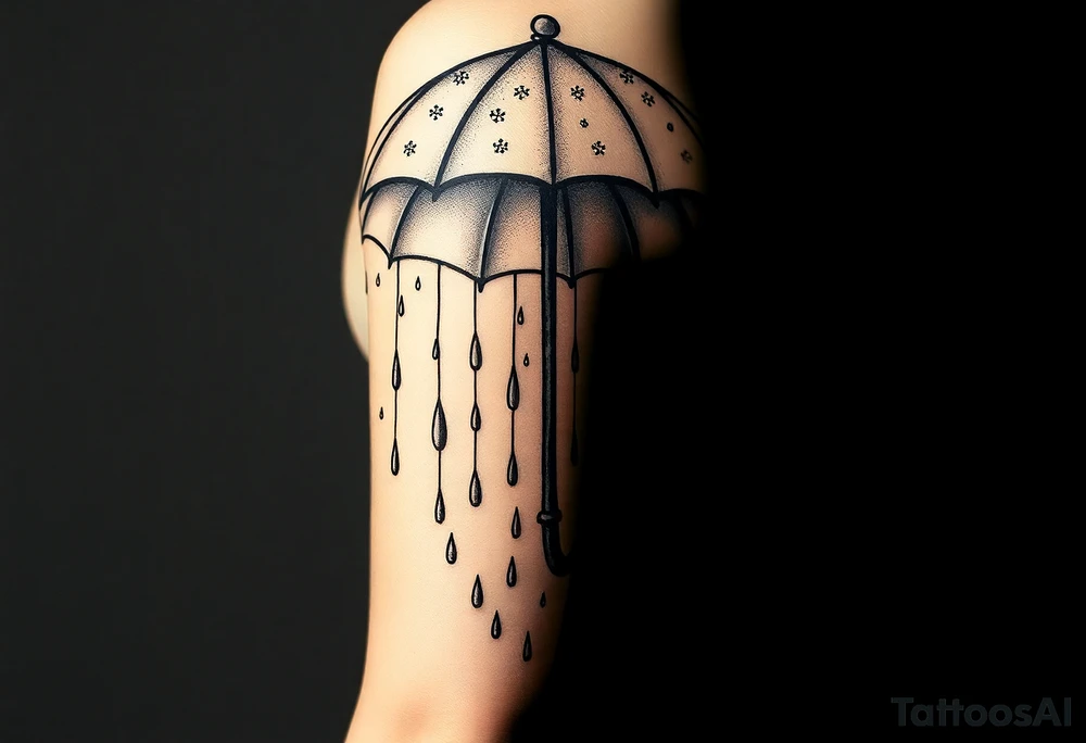 An umbrella with snowflakes falling on it and then cascading down the bottom of the umbrella with rain drops tattoo idea