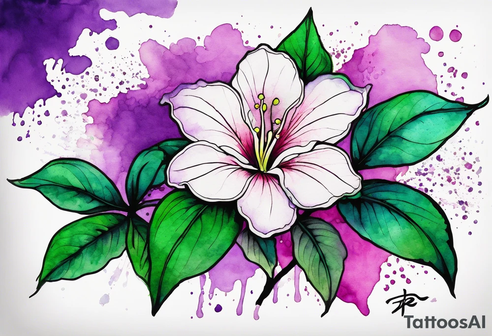 An outline of an only green rio dipladenia flower and a green and purple watercolor splash in the background tattoo idea