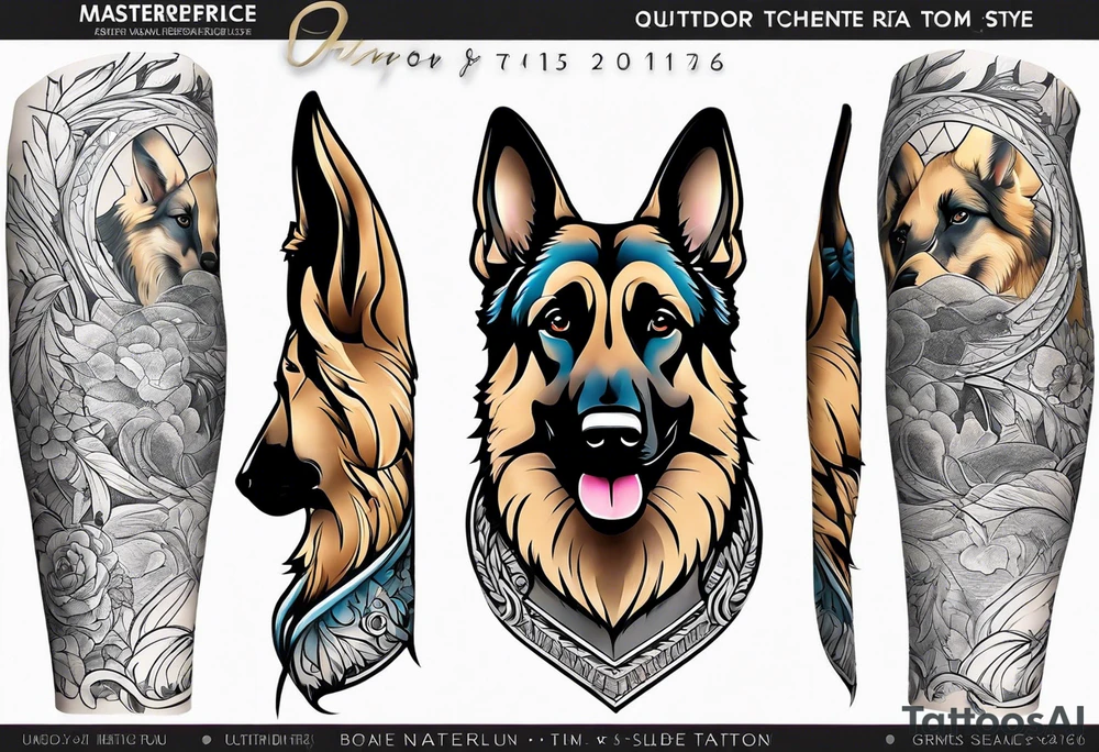 German shepherd outdoor theme arm sleeve tattoo idea