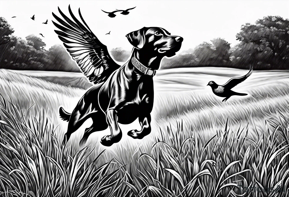 A bird dog chasing a dove in a grassy field tattoo idea A bird dog chasing a dove in a grassy field tattoo idea