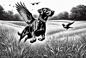 A bird dog chasing a dove in a grassy field tattoo idea