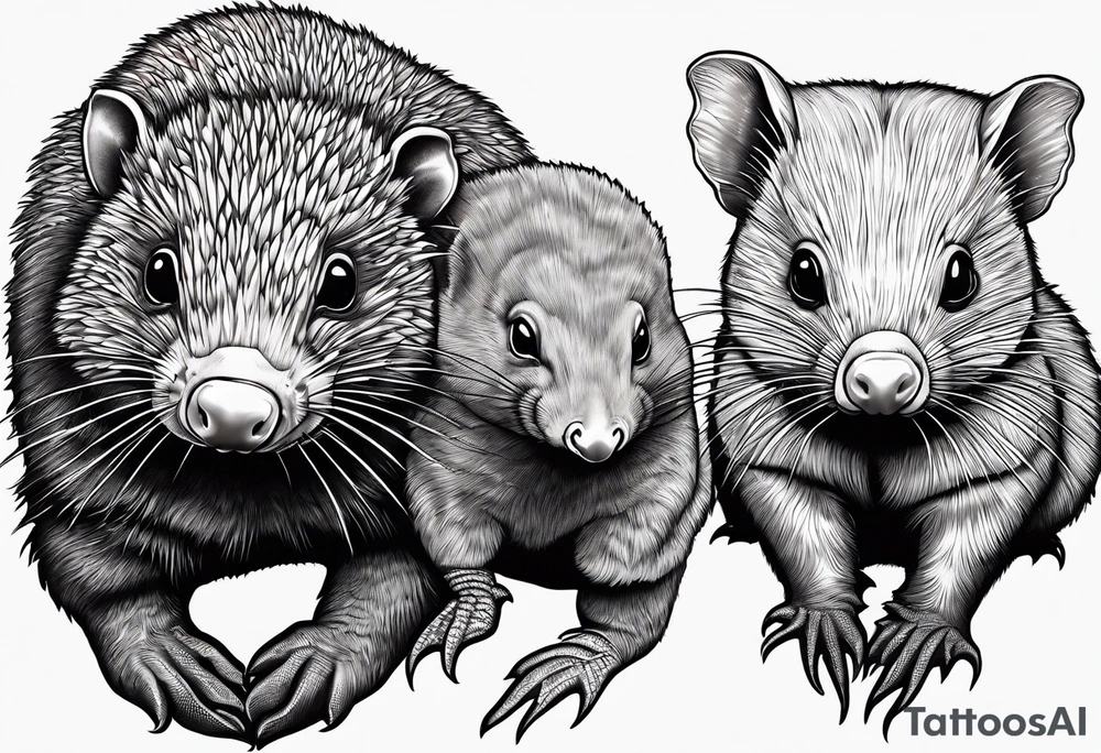 Australian Platypus, Echidna, Wombat & pygmy Sugar Glider together tattoo idea