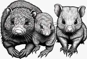 Australian Platypus, Echidna, Wombat & pygmy Sugar Glider together tattoo idea
