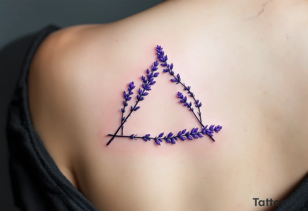 A triquetra made of delicate lavender sprigs, with soft purple hues and a watercolor effect. tattoo idea